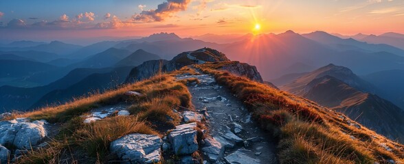 A sun-kissed mountain crest at sunrise, casting long shadows and illuminating a climbers challenging path forward - obrazy, fototapety, plakaty