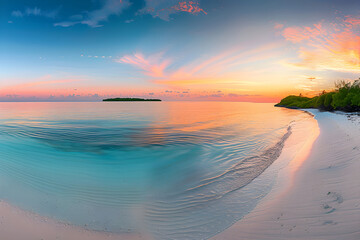 Enchanting Sunrise over Pristine Beach: A Perfect Tropical Paradisiacal Getaway - obrazy, fototapety, plakaty