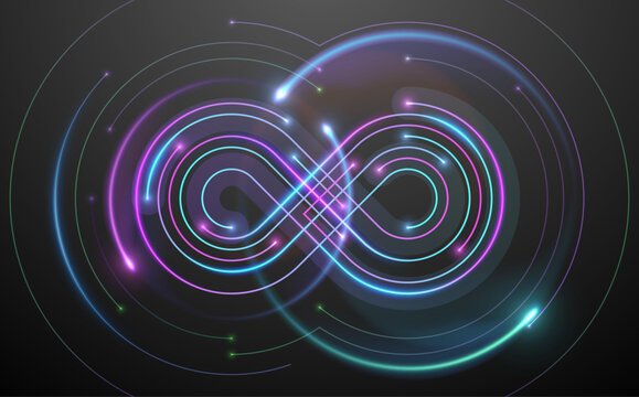 Neon infinity symbol in technology lines