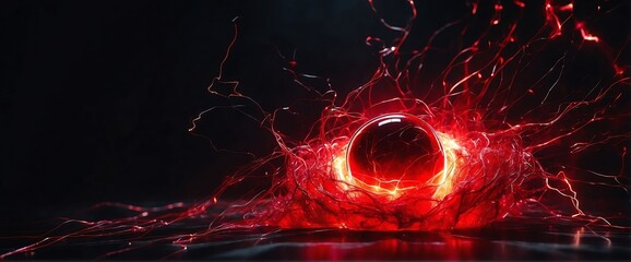 Red pure energy with electrical electricity plasma power fusion on plain black background from Generative AI - obrazy, fototapety, plakaty