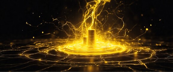 Yellow pure energy with electrical electricity plasma power fusion on plain black background from Generative AI - obrazy, fototapety, plakaty