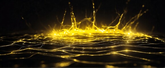Yellow pure energy with electrical electricity plasma power fusion on plain black background from Generative AI - obrazy, fototapety, plakaty