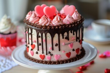 Love is Sweet: Beautiful Valentine Cake with Nubes and Chocolate Drizzle top view dessert concept