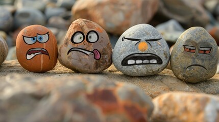 Managing Emotions: Emoji Faces Depicting Sad, Happy, Surprised, Worried and Angry Feelings Drawn on Stones in a Photo