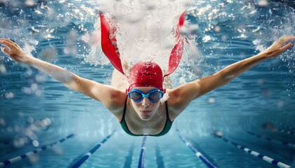 Swimmer with Aerial View, Aerobic Swimmer, Healthy Sport, Professional Swimming Athlete