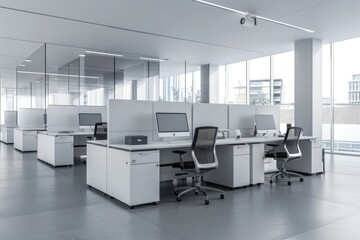 Fototapeta na wymiar Modern Minimalist Workstations in Open Office. White and Grey Corporate Space with Empty Refurbished Desk Stations