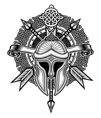 Arrow and Helmet. Guard. Design element for logo, label, emblem, sign, badge and tattoo