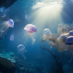 Neon jellyfish in the sea. blue glow jellyfish. Ai generated