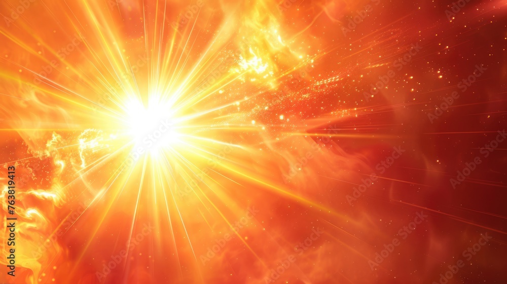 Poster radiant red and yellow sun burst. glowing abstract sun burst with digital lens flare and colorful ra