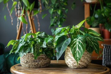Trendy Urban Jungle: Philodendron, Chinese Evergreen & More Tropical Houseplants in Stylish Baskets...