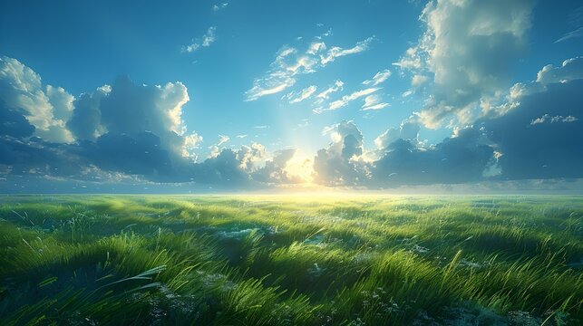 Serene sunrise over a lush green field, tranquil nature scene. idyllic landscape with blue sky and fluffy clouds. perfect for wallpapers and backgrounds. AI