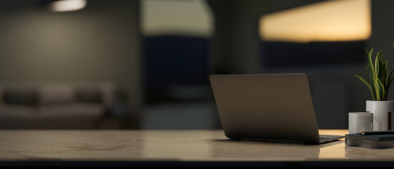 A back view image of a laptop computer and decor on a table in a contemporary living room at night.