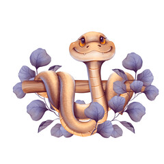 Snake and leaves. Cute serpent floral illustration.