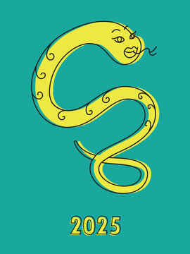 Illustration in two colors with a silhouette of a cheerful snake symbol of 2025 in vector