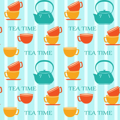 Tea time background with cups and kettle, seamless vector pattern, colorful kitchen background, tablecloth, wrapping paper, wallpaper, packaging.