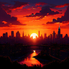As the sun sets, the city skyline becomes a silhouette against a canvas of fiery hues.