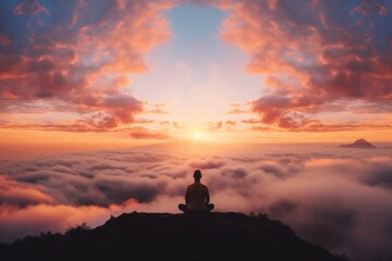 meditating yogi with view of the sunrise, surrounded by colorful clouds and warm light - obrazy, fototapety, plakaty