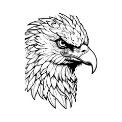Line art representation of an eagle's head in black and white.