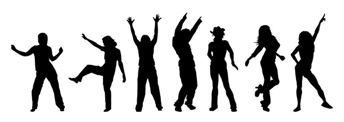Silhouette group of people happily dancing in party wearing fashionable outfit