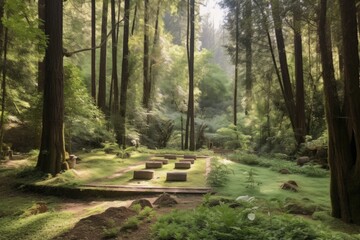 forest with hidden yoga and meditation space, surrounded by greenery and tall trees - obrazy, fototapety, plakaty