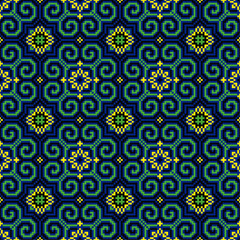 Cross stitch pattern featuring a seamless geometric pattern in shades of blue, green, and yellow. Design for embroidery, floral pattern, stitches, floral motif, textile art, tablecloth, pillowcase.