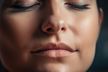close-up of person's face, with peaceful and tranquil expression, during yoga meditation practice