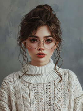 A detailed, lifelike portrait of a woman wearing glasses, displaying a poignant and reflective mood
