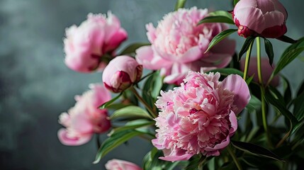 Bouquet of pink peonies on a dark background close-up