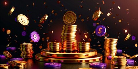 A 3D poker icon featuring a roulette wheel and a golden podium with cards, coins, and a victory cup, representing a realistic and exciting online gambling experience with a casino welcome bonus.
