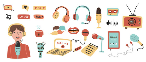 Hand drawn Podcast elements set with audio equipment and woman in flat style. Microphone, laptop, headphones, phone and earphones. Media equipment for audio and video recording, broadcasting.