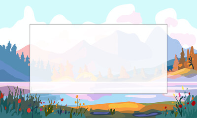 Banner and tourism advertising. Background with a landscape near a mountain lake. River bank at sunset. Camping site. Postcards and invitations to the spring season resort. Vector illustration