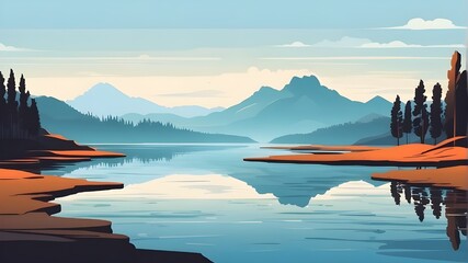 mysterious lake flat vector simple isolated drawing - obrazy, fototapety, plakaty