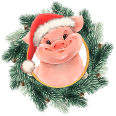 Funny pig in Santa hat and Christmas wreath. Cute holiday illustration.