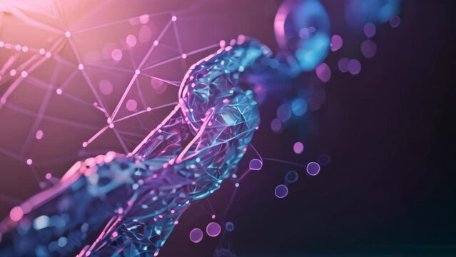 Abstract digital DNA strand with Bitcoin currency symbol on a dark pink backdrop. Fintech and blockchain technology design for print and digital use.