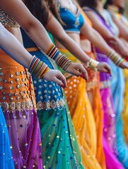 Dazzlingly dressed performers stand in a line with their hands together.