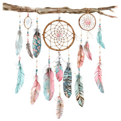 boho branch with pretty boho Indian dream catcher with beautiful feathers hanging from it