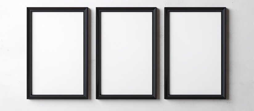 Three rectangular black frames are symmetrically hanging on a monochrome white wall, creating a pattern with parallel lines. The frames symbolize elegance and simplicity with their metal finish