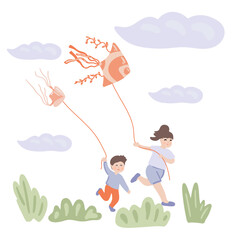 Orange kites in the sky and running kids flat design set