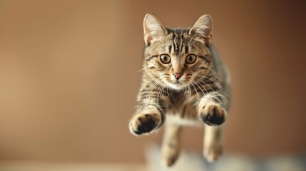 Cute cat jumping in the air while looking at the camera on isolated background, copy space.