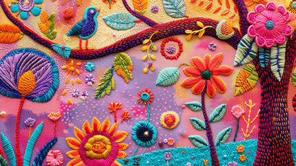 colorful floral and bird pattern background made with embroidery