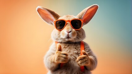 Funny and cute rabbit pointing finger at a copy space background while wearing a yellow shirt and bow tie. Adorable rabbit wearing shades against a blue backdrop