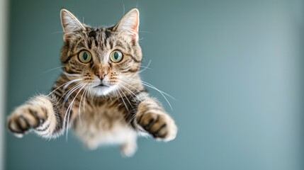 Cute cat jumping in the air while looking at the camera on isolated background, copy space.