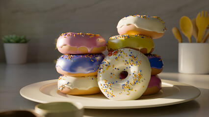 A stack of colorful, 3D-rendered donuts with realistic textures and sprinkles, paired with a photorealistic digital illustration of glazed donuts, creating a modern culinary art scene.