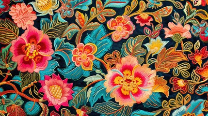 Foto op Plexiglas anti-reflex colorful floral batik pattern background made with embroidery © Helfin