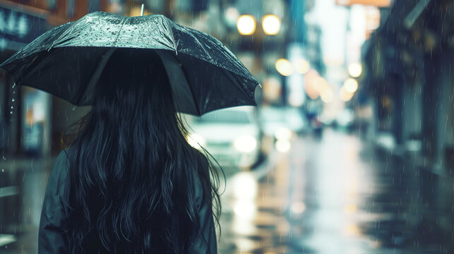 Back view of a long-haired woman holding an umbrella walking on the street. It is raining.