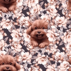 Seamless pattern with cute poodle dogs and flowers.