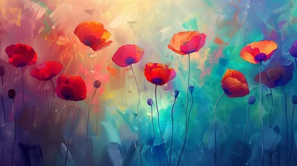 In a realm where time dances to the rhythm of petals, envision a Poppy abstract painting pulsating with ethereal energy. - obrazy, fototapety, plakaty