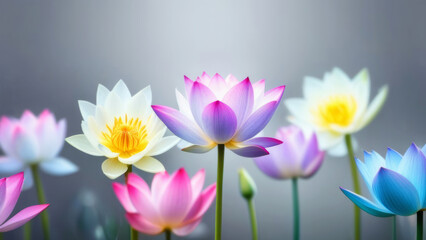 Multi-colored lotuses grow vertically upward on a gray gradient background, general plan. Place for text. - obrazy, fototapety, plakaty