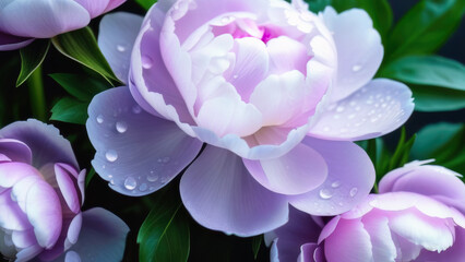 Close-up of a lilac and white peony on a dark background surrounded by peony leaves and flowers, banner, drops of water, dew. Background. Wallpaper.