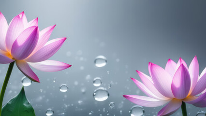 Banner two white-pink lotuses close-up on a gradient gray background, water drops. Copy space.
